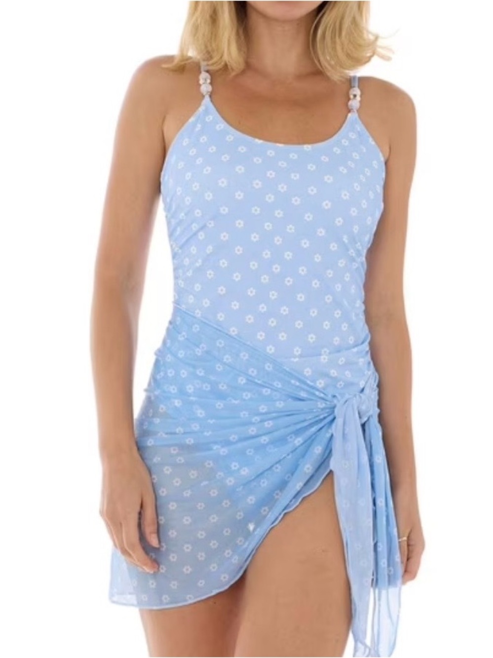 Betsey Johnson Core One-Piece Swimsuit light blue daisy print/sarong size XXL